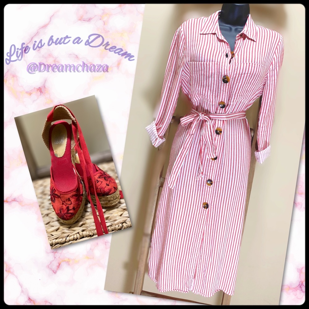 Zara Red & White Striped Maxi Shirt Dress SZ L